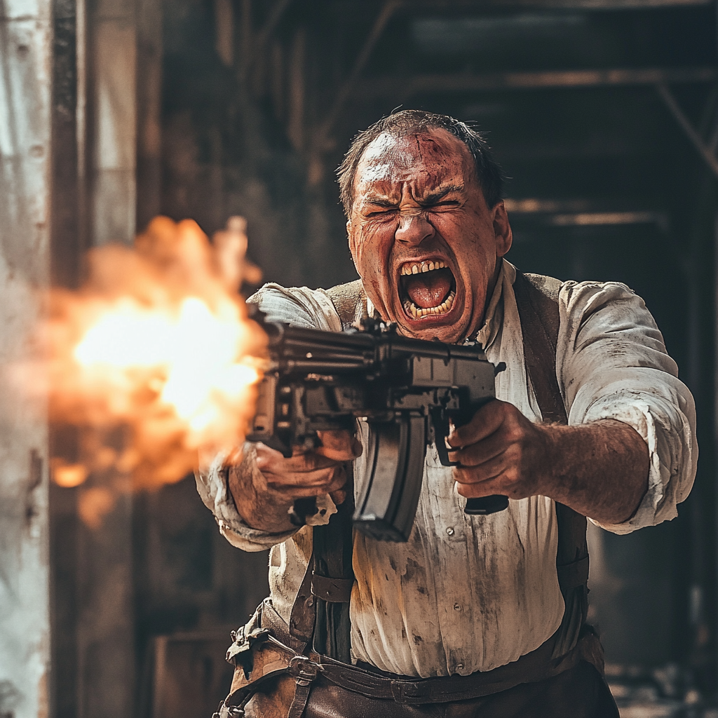 Angry man with guns screaming at camera.