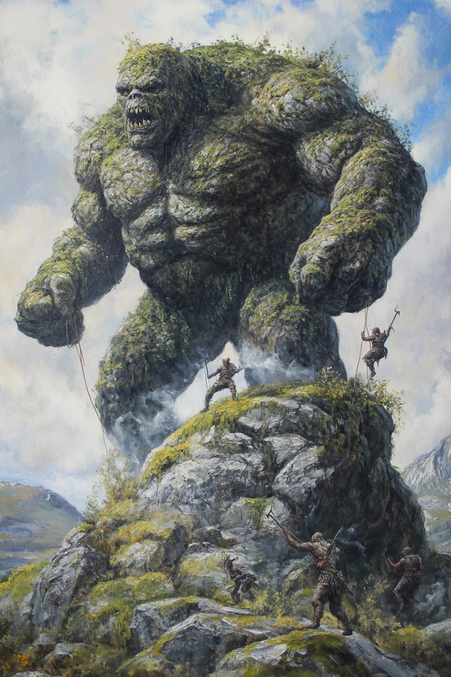 Angry rock giant covered in moss fighting warriors bravely.