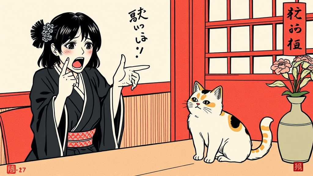 Angry woman scolds cat in traditional Japanese art.