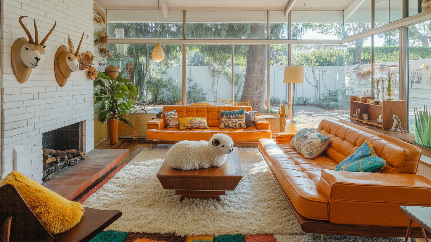 Animal-inspired living room with sheep-shaped sofa, orange leather couches.