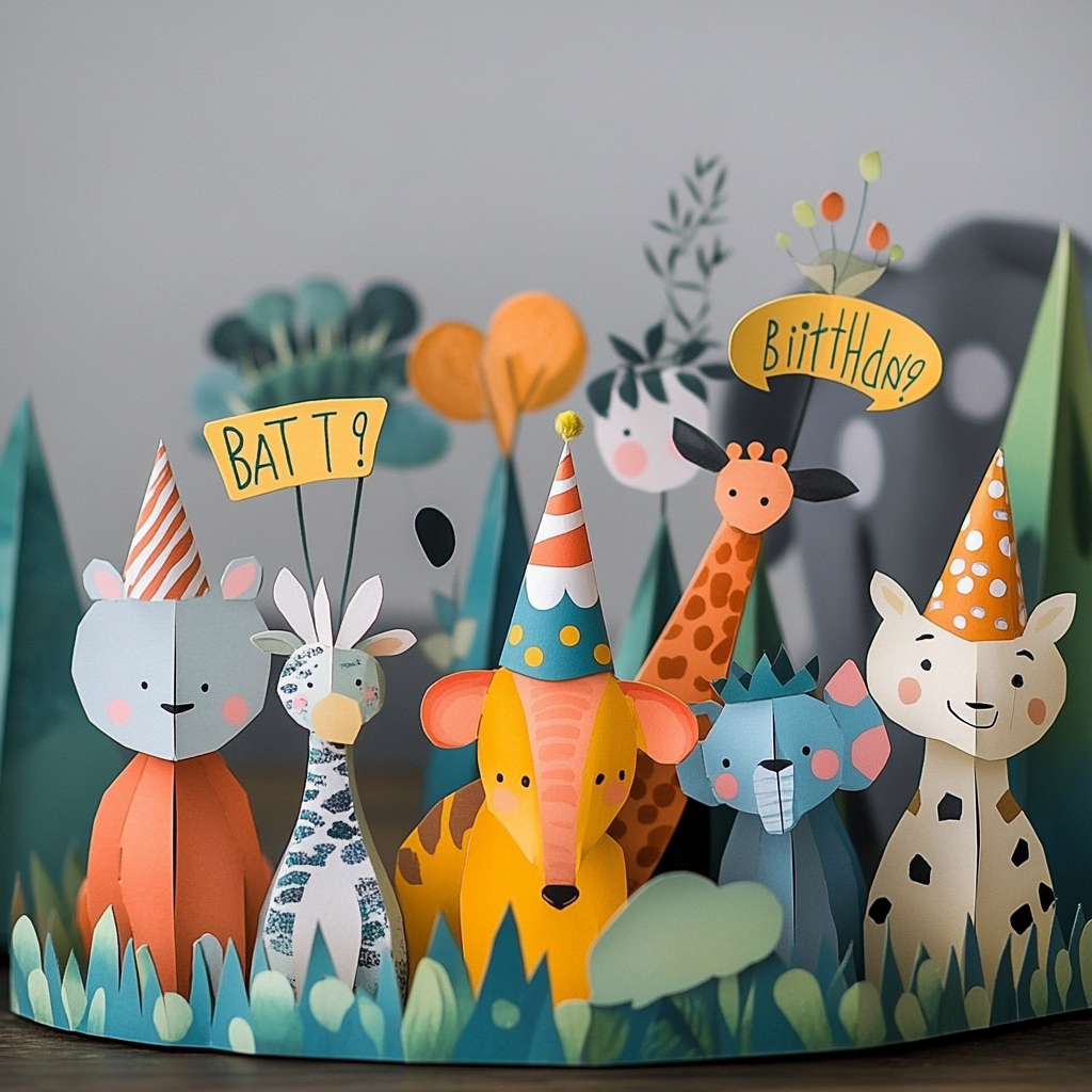 Animal party scene with party hats, horns, birthday signs.