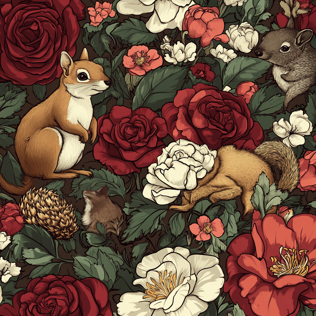 Animals Emerging from Floral Bouquets Pattern