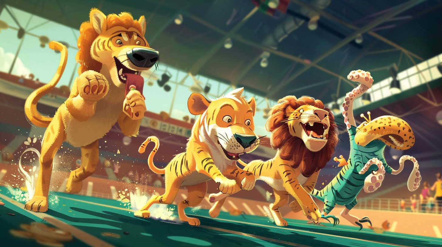 Animals Exercising Fun at Colorful Stadium