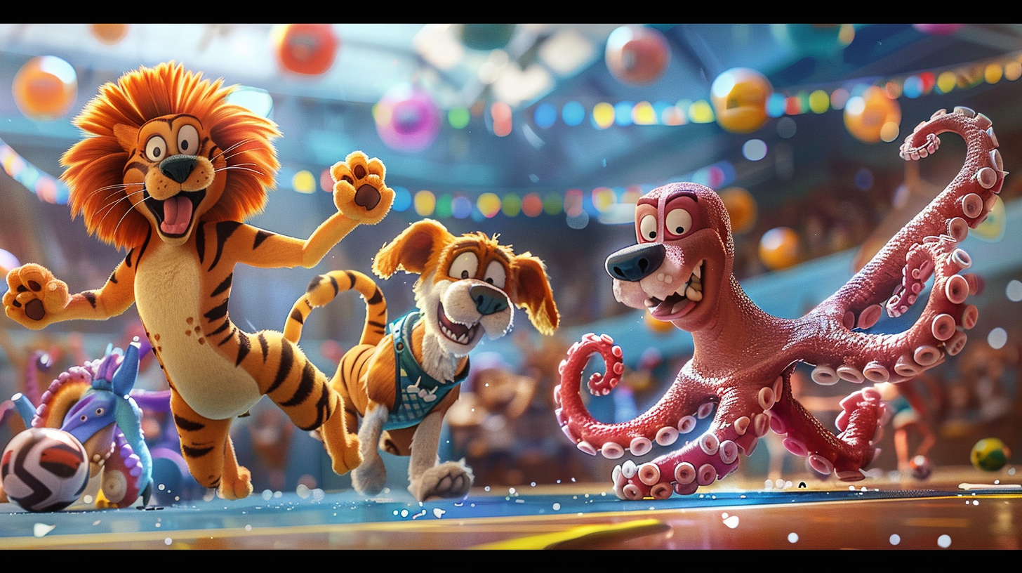 Animals exercising together in colorful stadium.