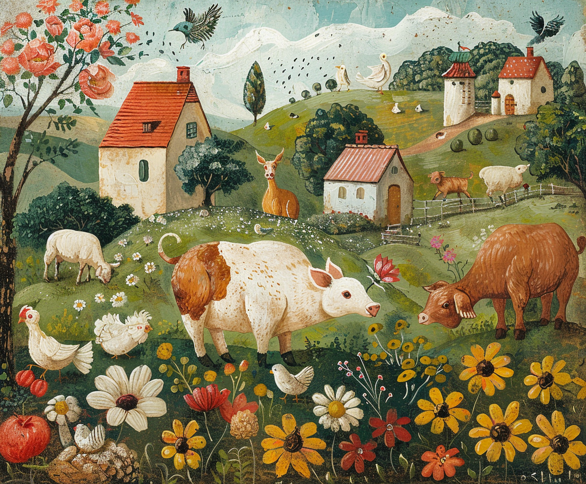 Animals in farmyard painting by Rousseau with style