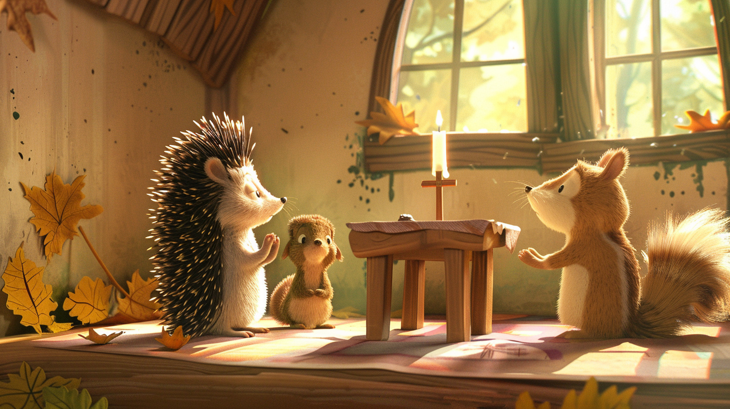 Animals praying to Jesus in cozy home scene.