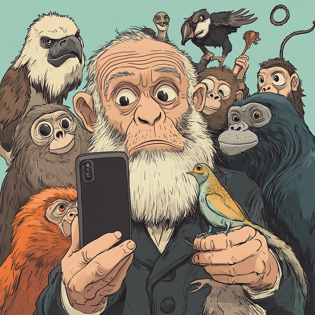 Animals taking silly selfie with puzzled Darwin watching.