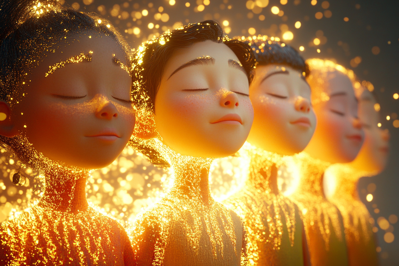 Animation of children with closed eyes glowing golden light