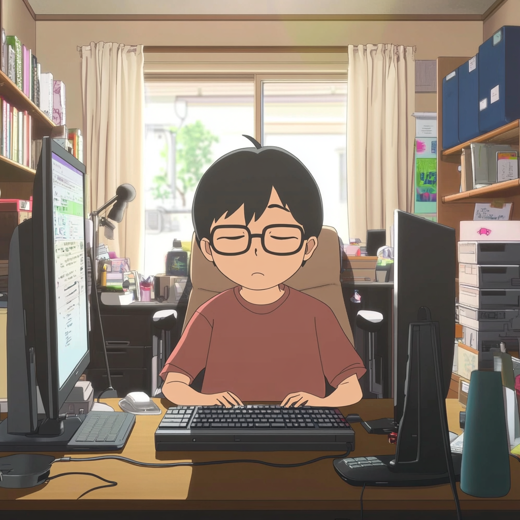 Animations wear black frame glasses typing on computer.