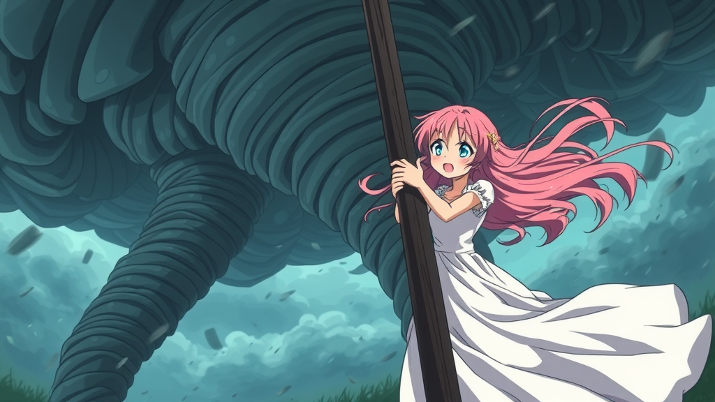 Anime Girl Clinging to Pole in Tornado Storm