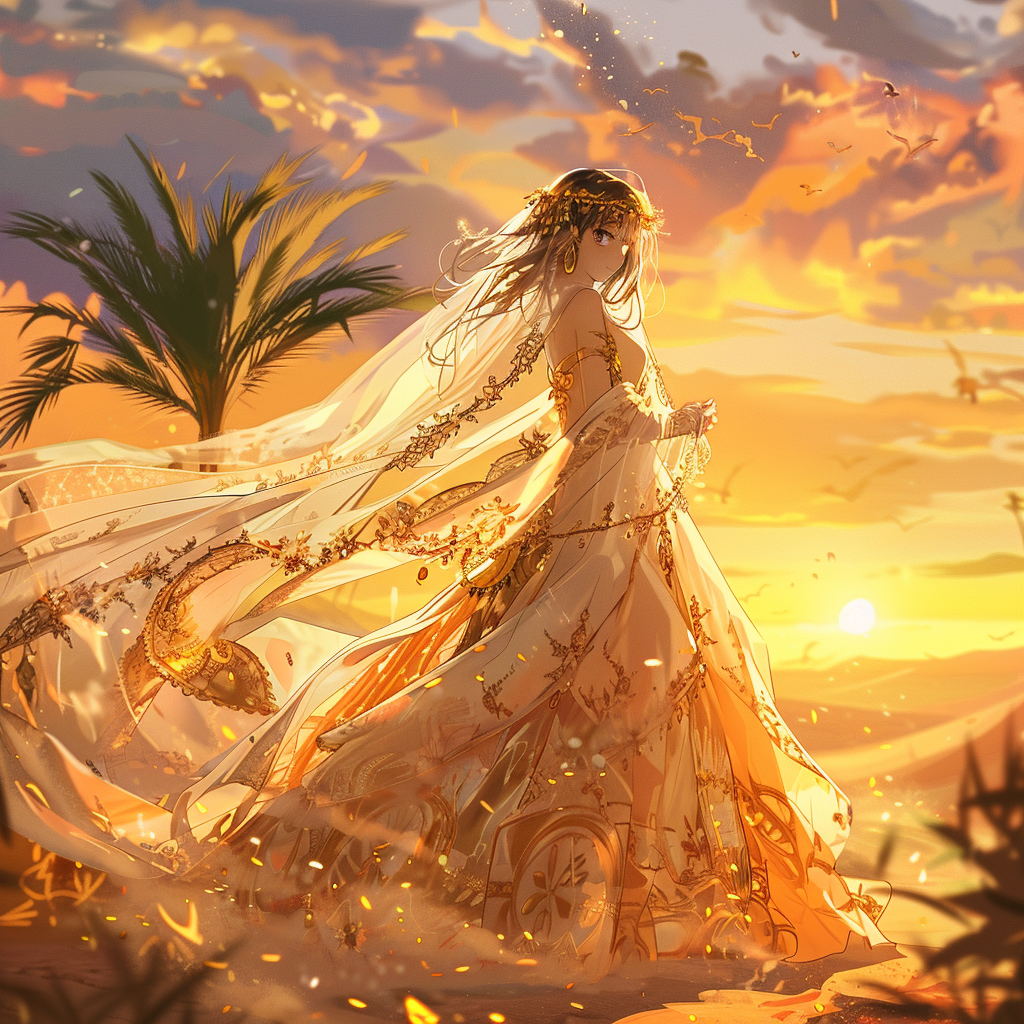 Anime Moroccan wedding dress illustration with soft lighting.