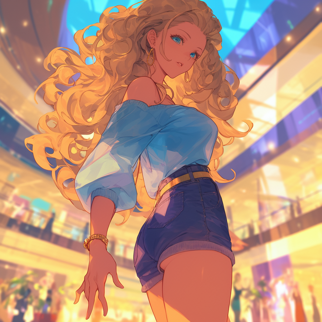 Anime Style Caucasian Woman in Mall: Dynamic Pose