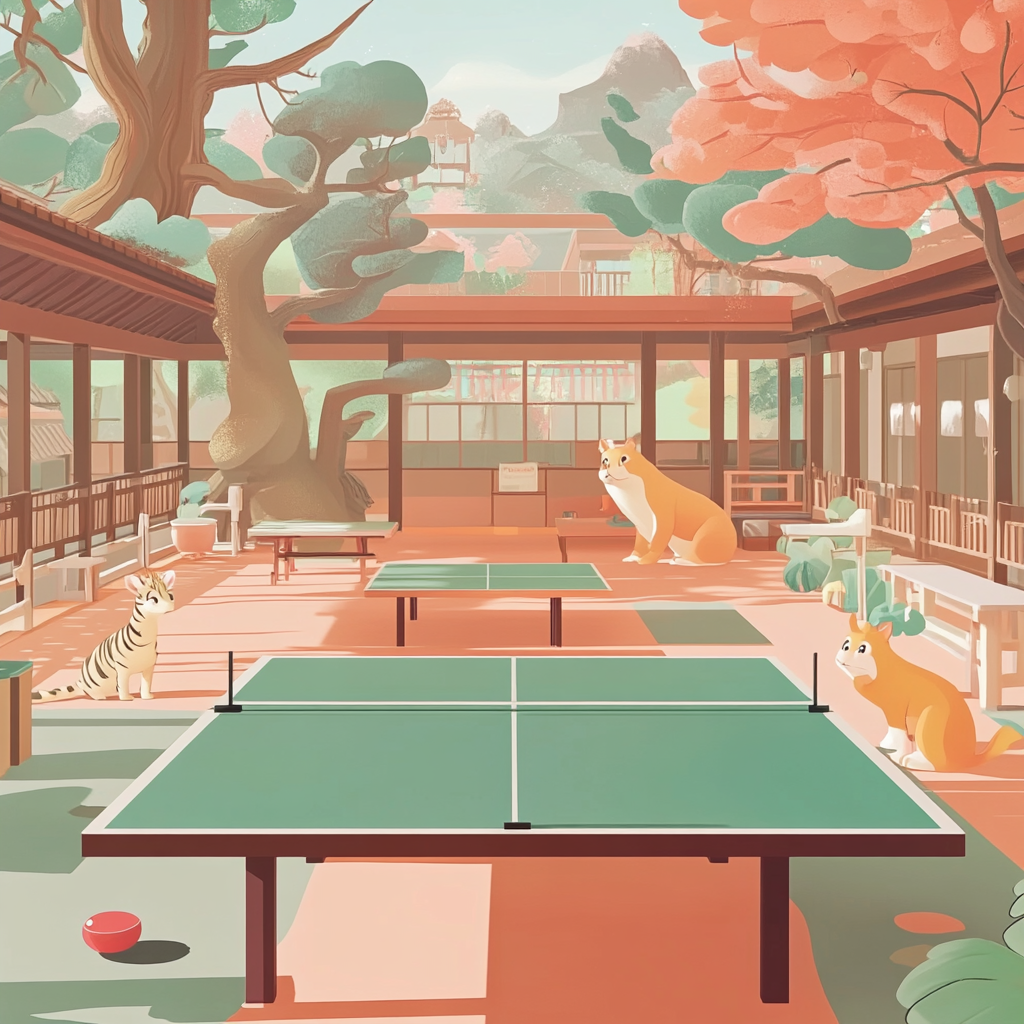 Anime animals playing table tennis in happy kingdom.