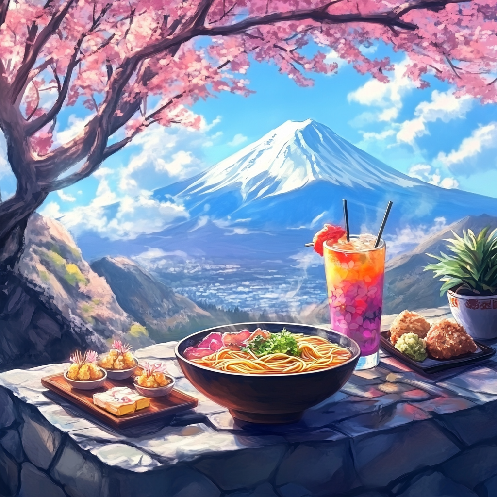 Anime art style of ramen, appetizers, drink, scenery.