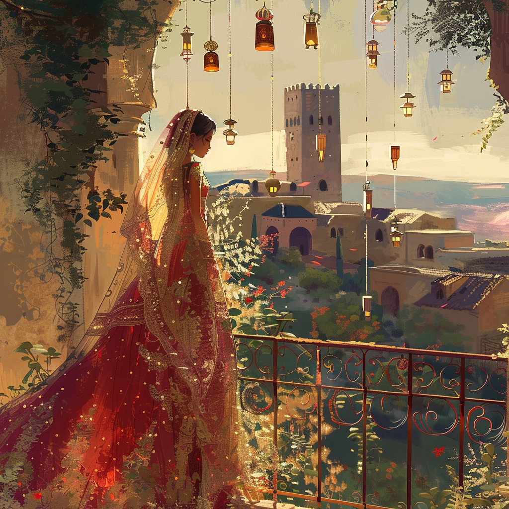 Anime bride in Moroccan dress on balcony. Serene village.