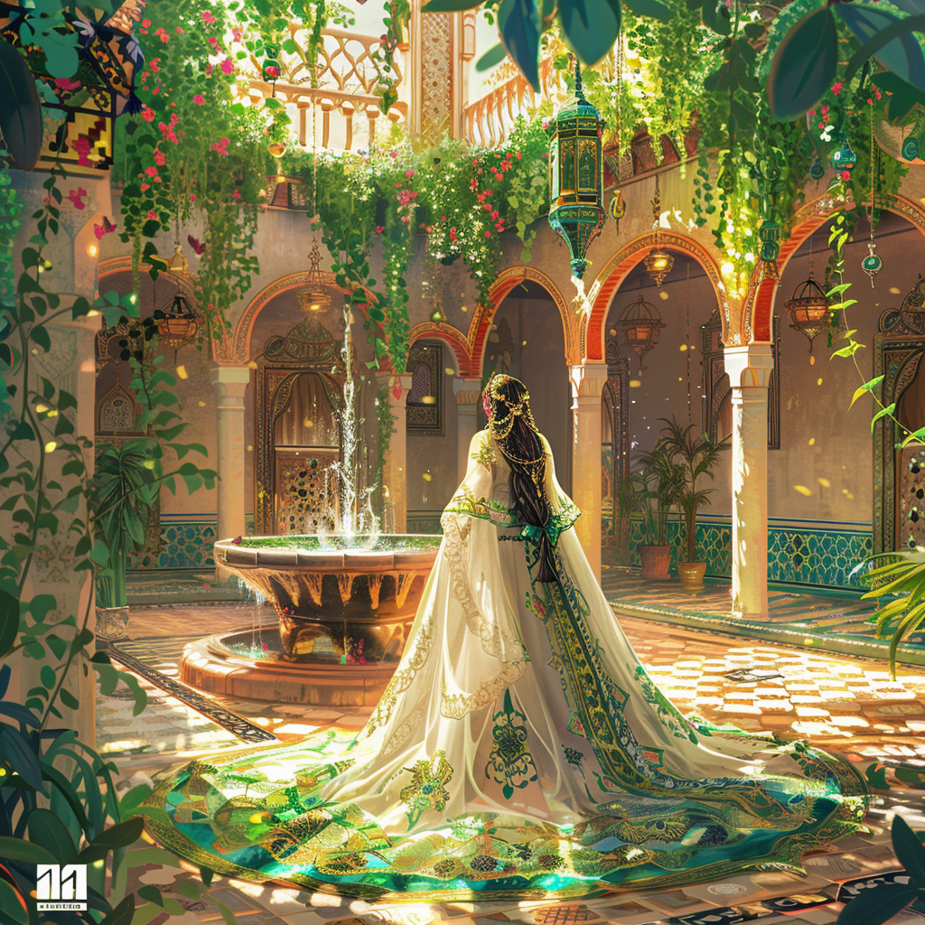 Anime bride in Moroccan wedding dress in magical courtyard.