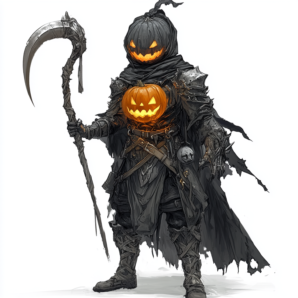 Anime character wearing Monster Hunter armor with pumpkin helmet.