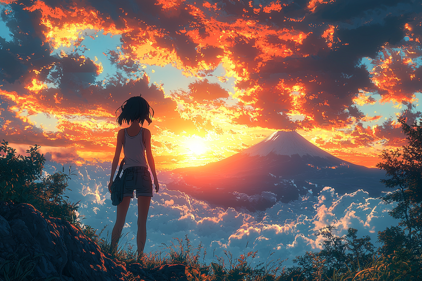 Anime featuring girl hiking Mt. Fuji at sunrise.