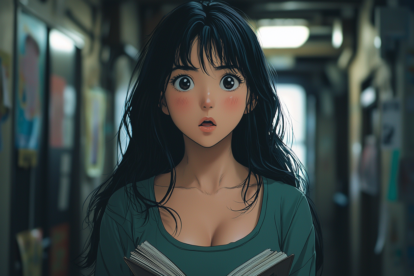 Anime featuring teenage girl in school hallway with books.