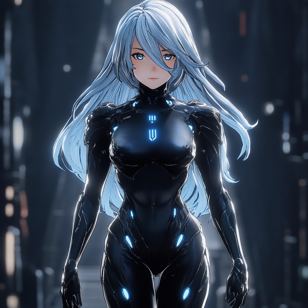 Anime girl Ryoko, tall, athletic with striking silver hair.