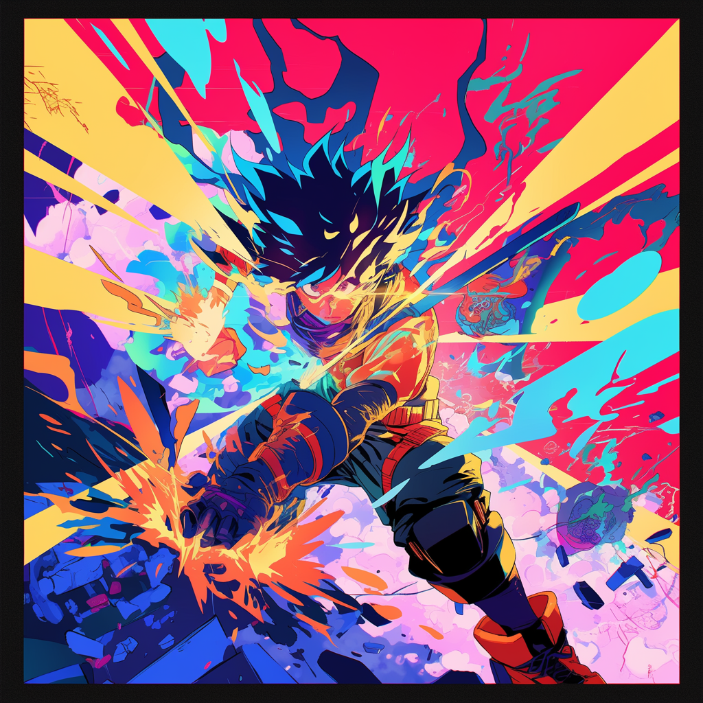 Anime girl fights villains in colorful chaos, high resolution.