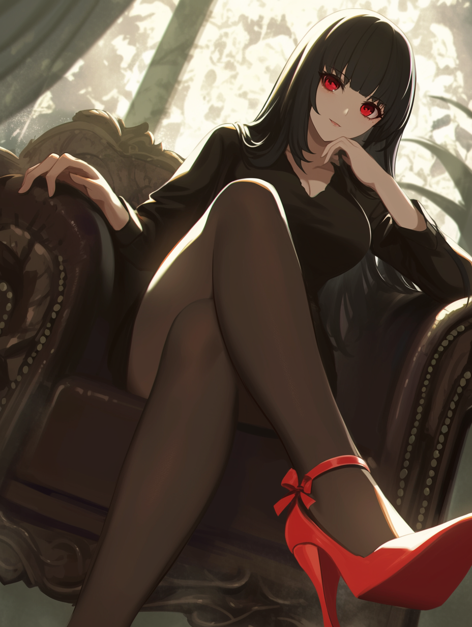 Anime girl in high heels sitting on sofa