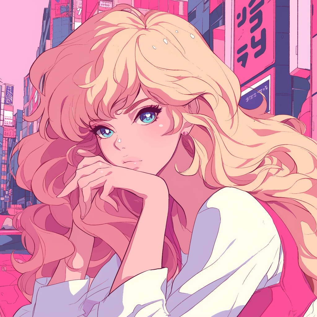 Anime girl in retro cityscape, joyful expression.