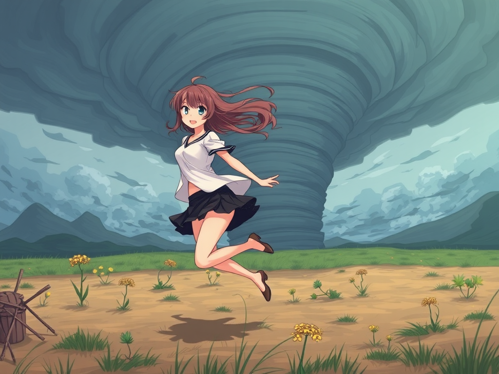 Anime girl in windy tornado with short skirt.