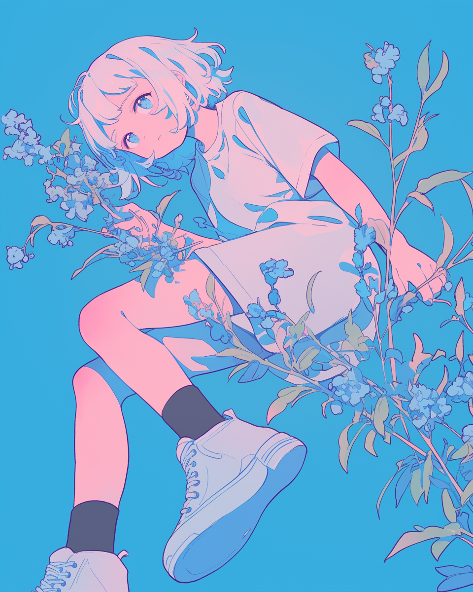 Anime girl lying on blue flower, kawaii style illustration.