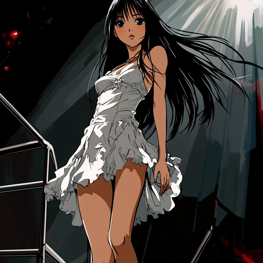 Anime girl model on catwalk with long black hair