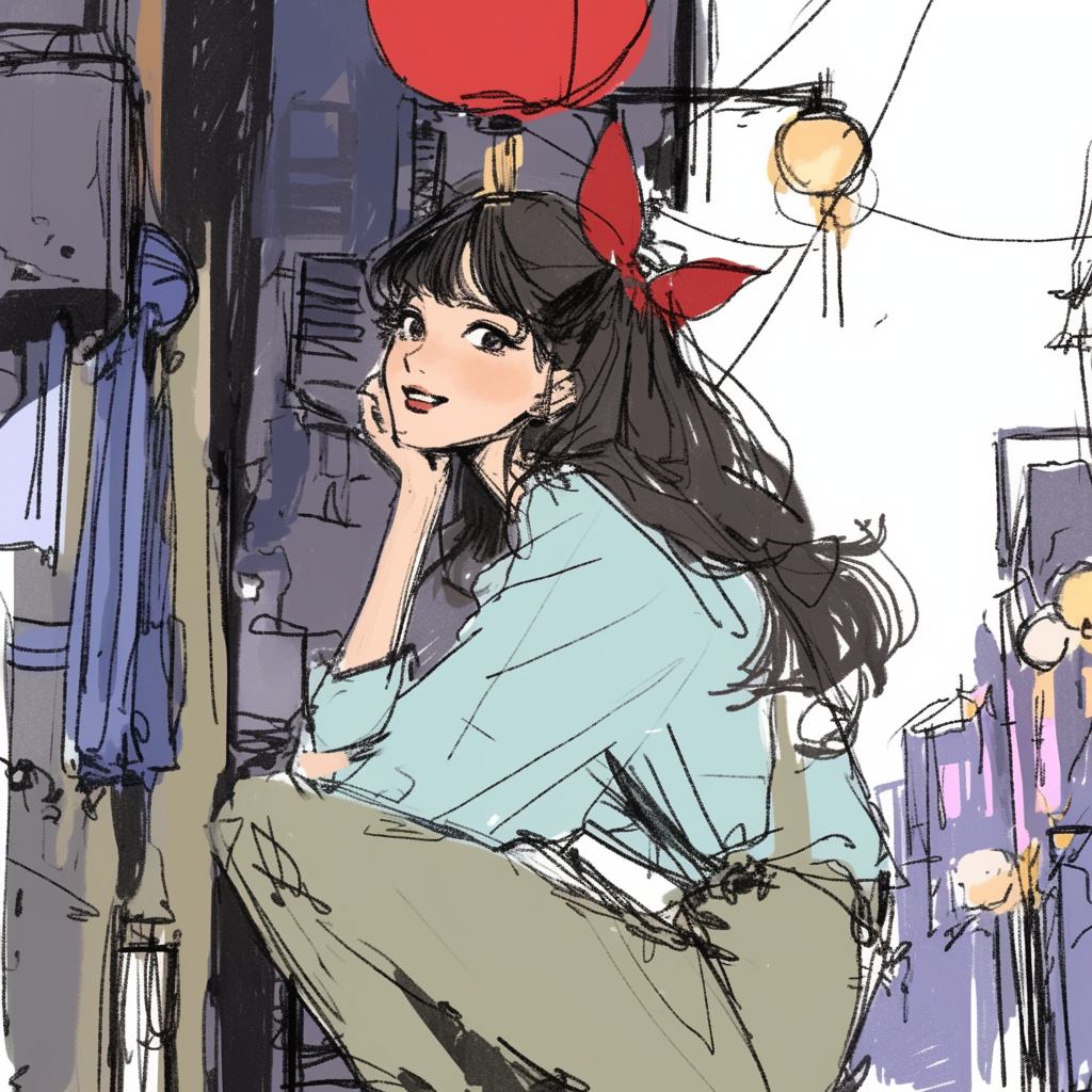 Anime girl sitting in bustling city, longing expression