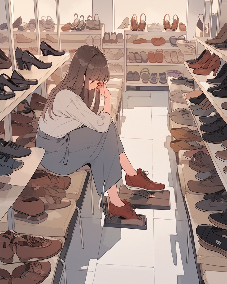 Anime girl trying on shoes in cozy shoe shop.