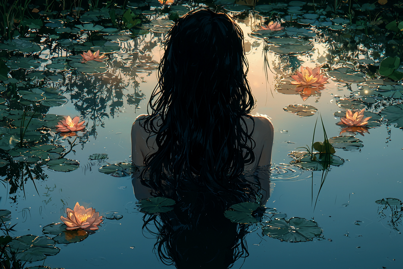 Anime girl with long black hair looking at reflection.