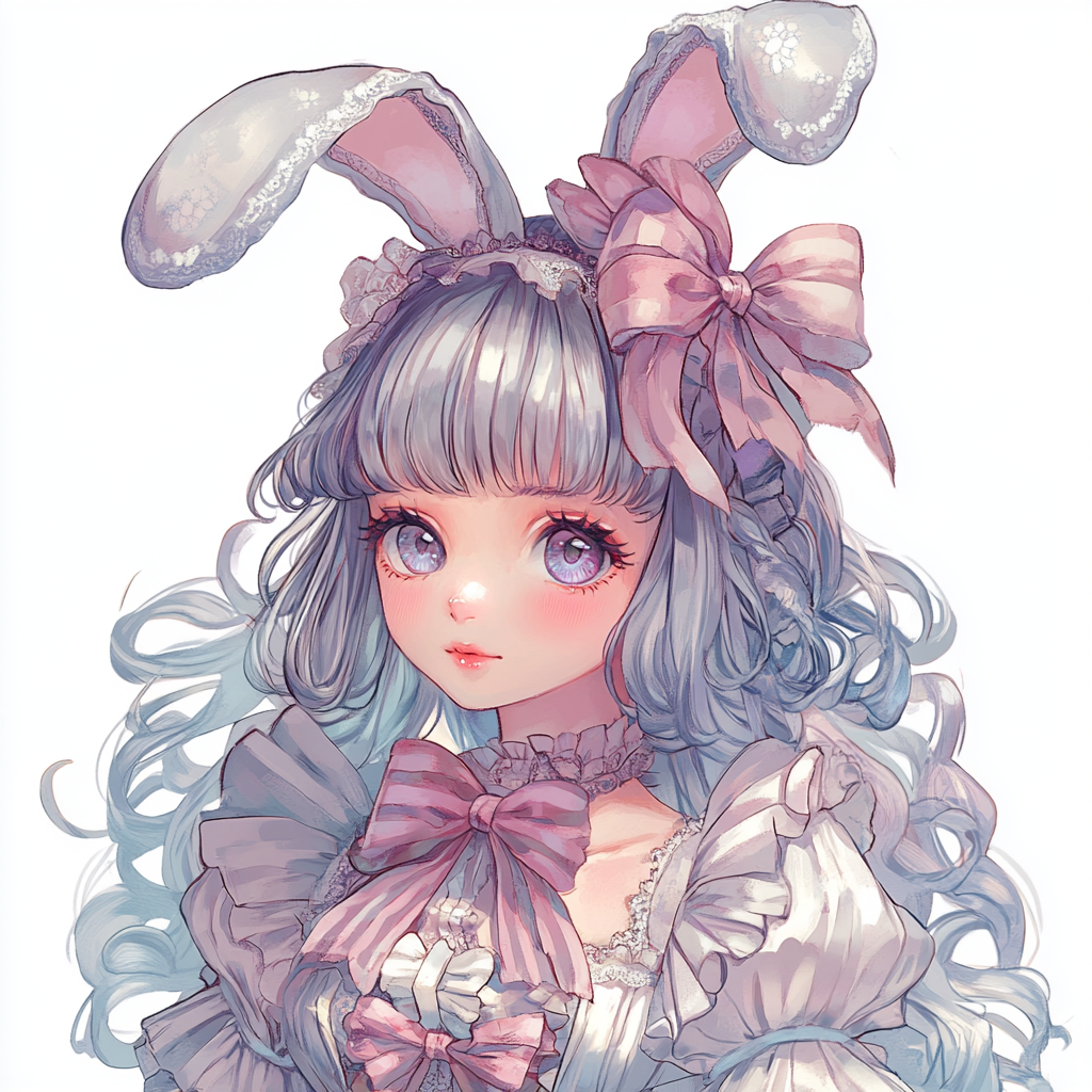 Anime girl with rabbit ears in pastel maid costume.