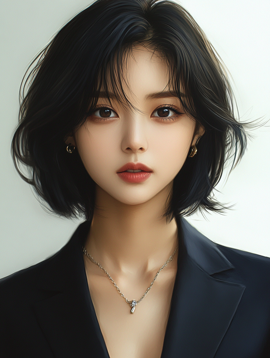 Anime image of beautiful Asian girl in suit.