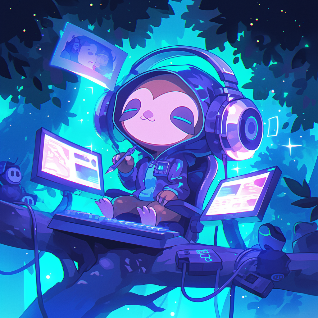 Anime inspired chibi sloth with hacker aesthetic outdoors.