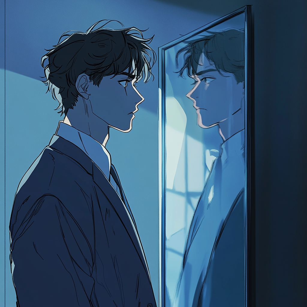 Anime-inspired young man in suit looking in mirror.