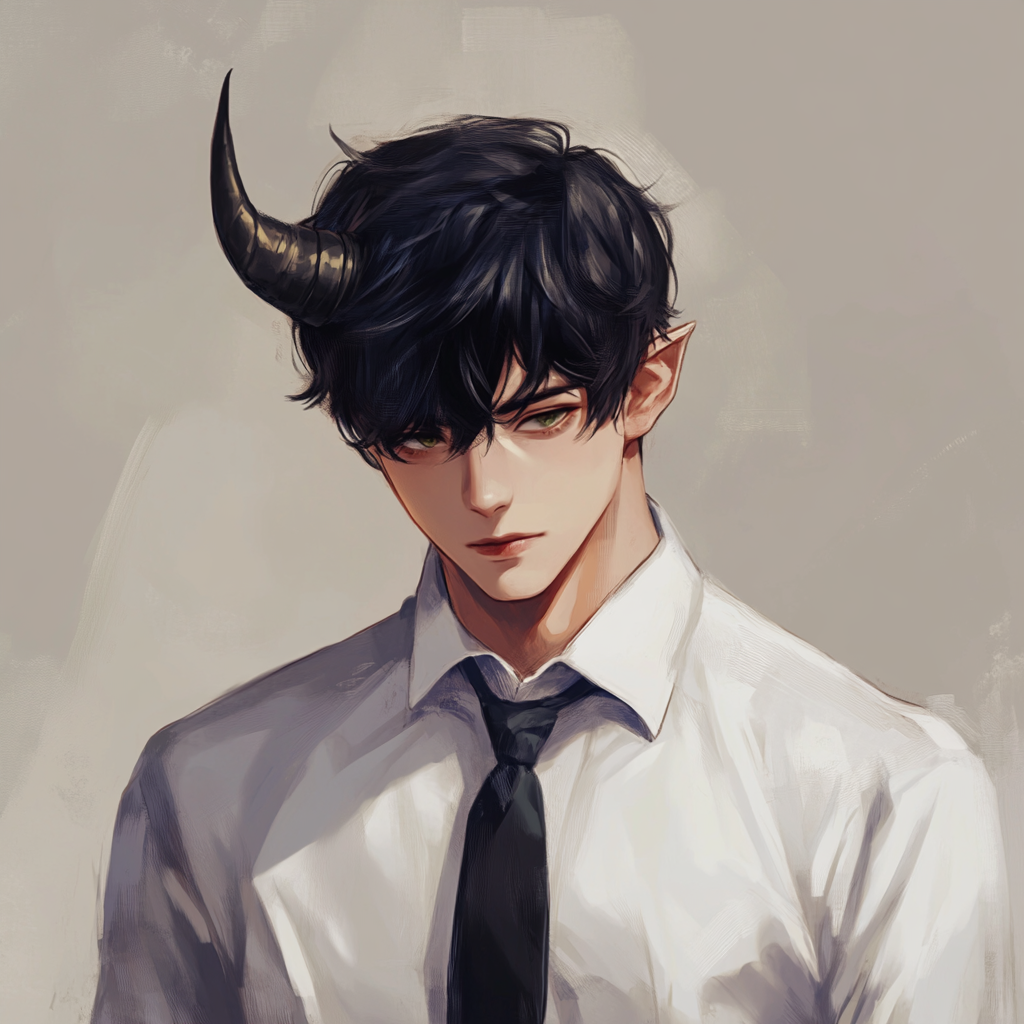 Anime portrait of confident young male employee with slant eyes, slim body, and horns.