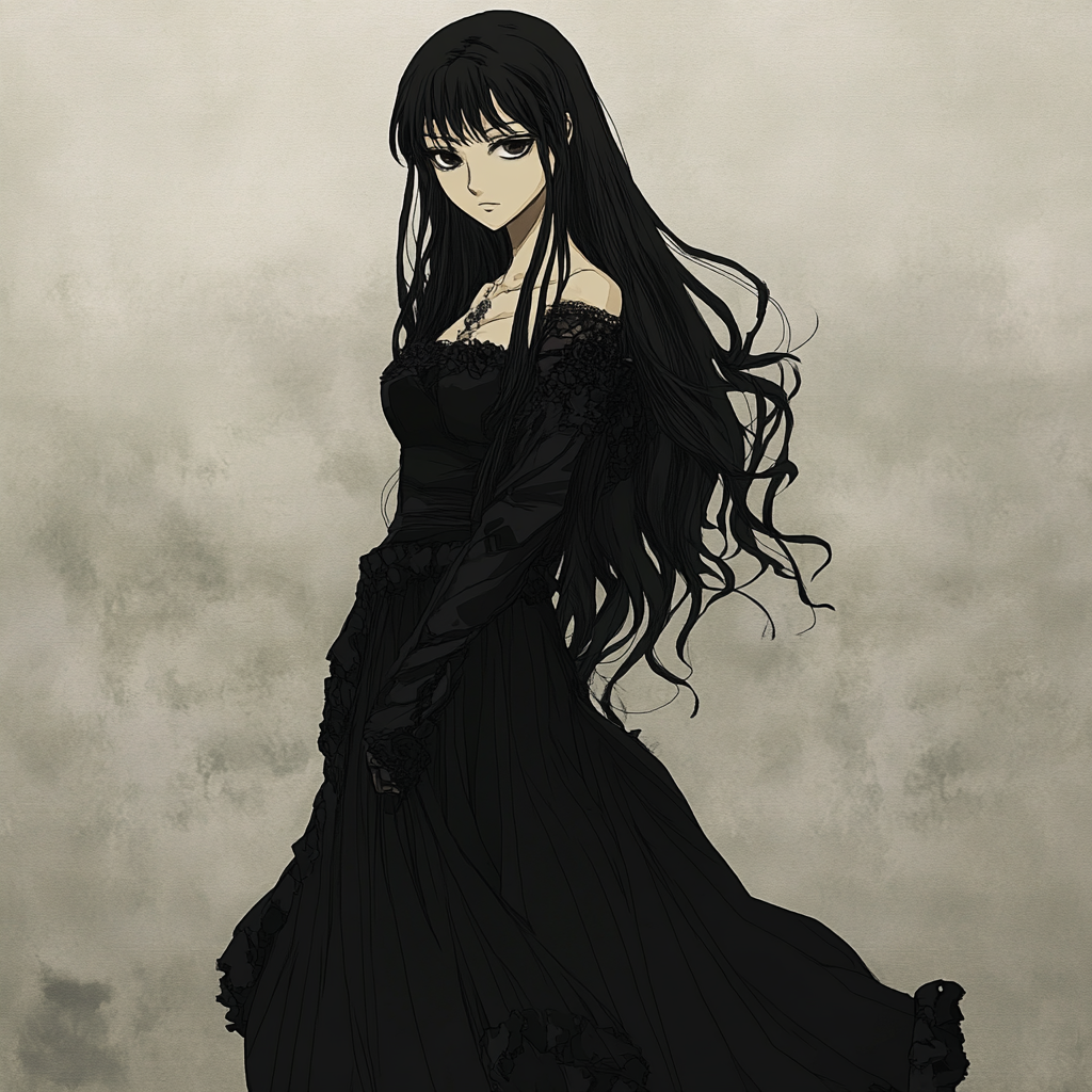 Anime portrait of girl with long black hair and eyes.