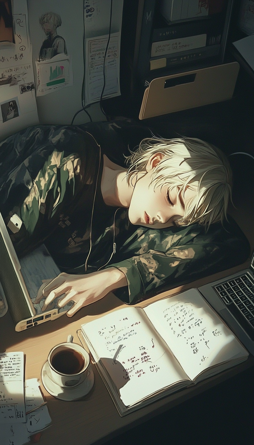 Anime style, young person sleeping at desk with headphones.