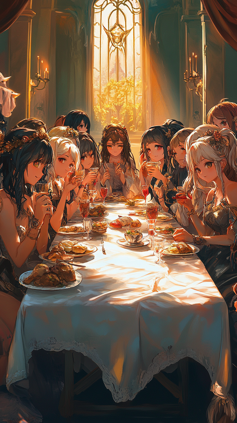 Anime-style Last Supper with cute, charming women characters.