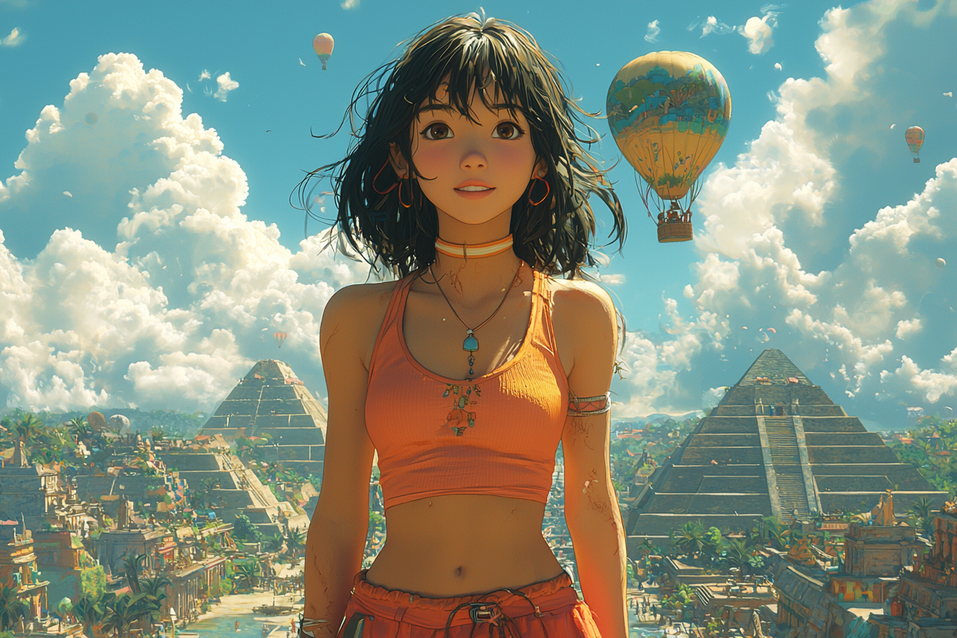 Anime style asian girl in hot air balloon.