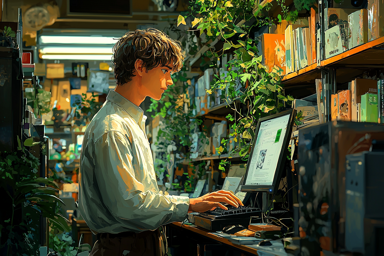 Anime style character holding computer in bright office setting.