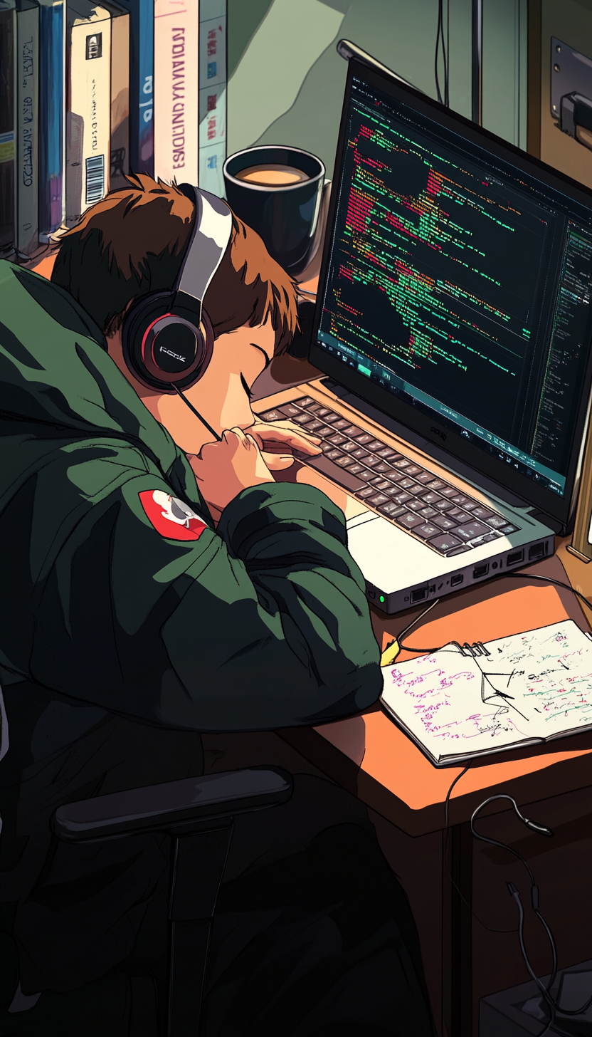 Anime style character sleeping at desk with laptop, coffee.