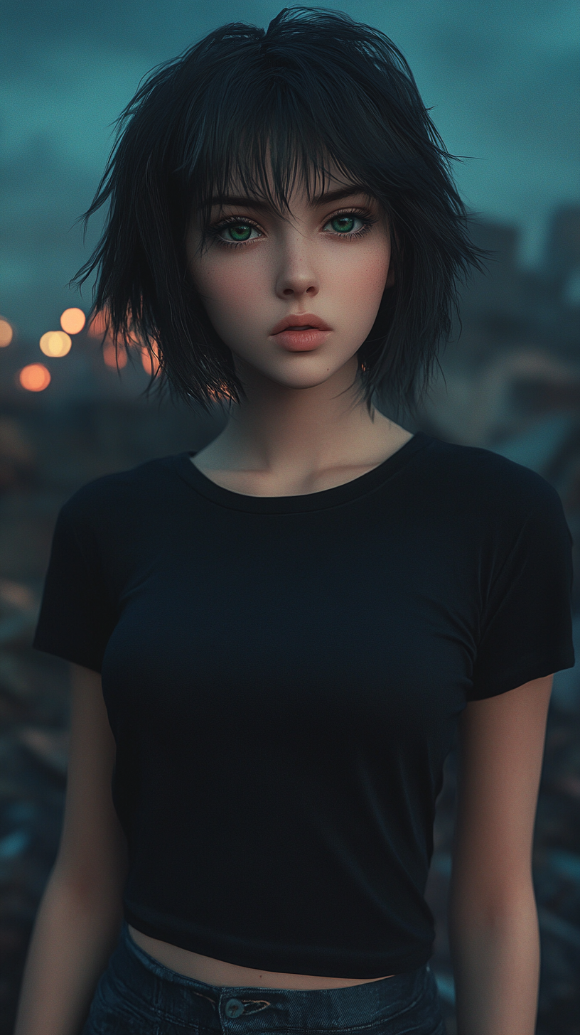 Anime style depicts beautiful young woman with feline eyes.