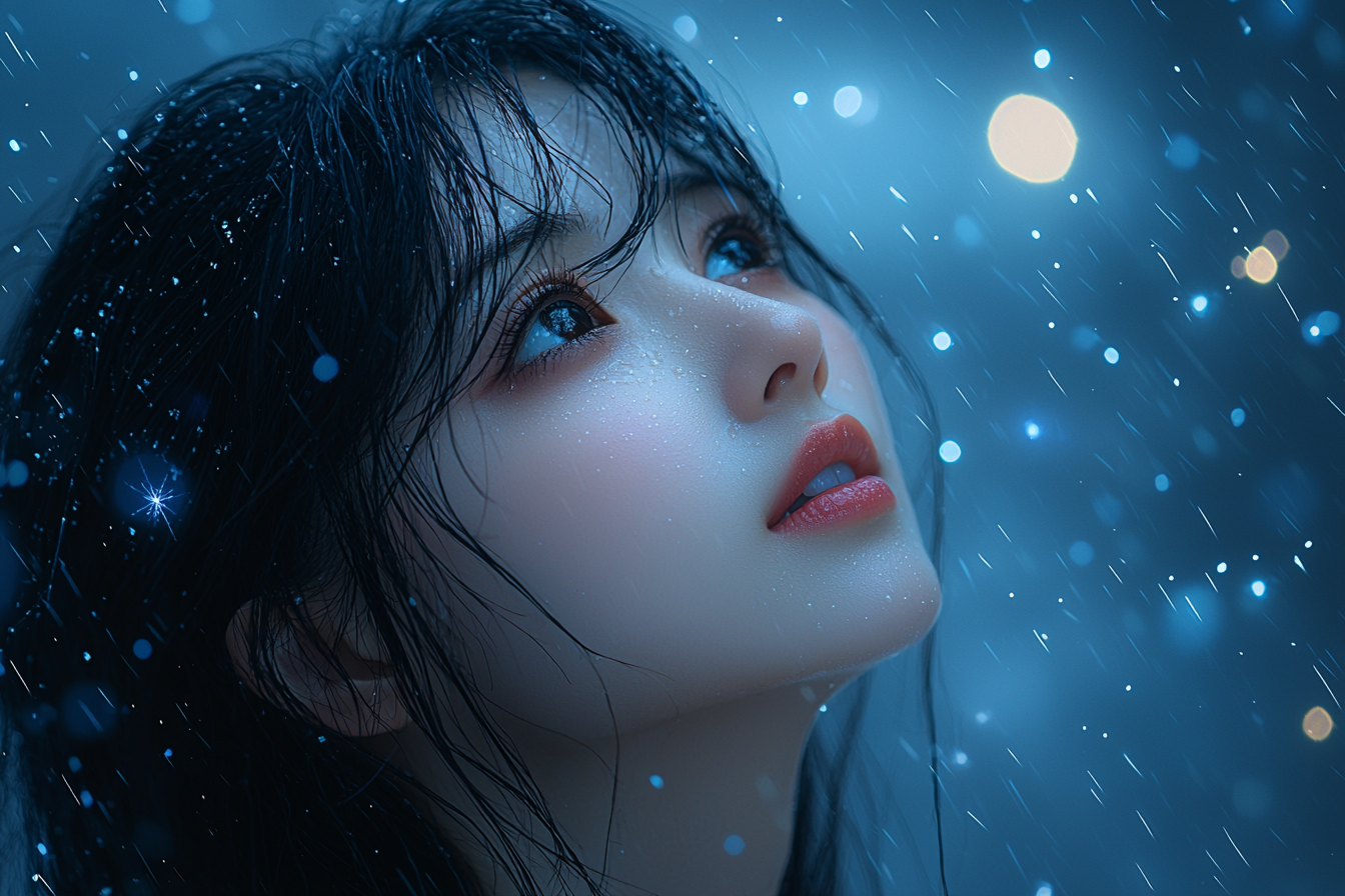 Anime-style drawing of Asian girl gazing night sky, expressive colors.