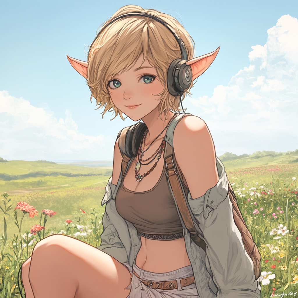 Anime style girl with elf ears in field 