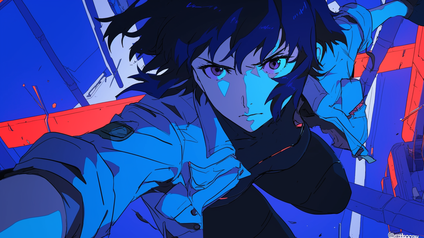 Anime style illustration of Makoto Kusanagi in cyberpunk setting.