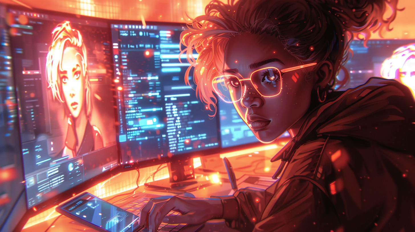 Anime-style illustration of social media influencer working on computer.