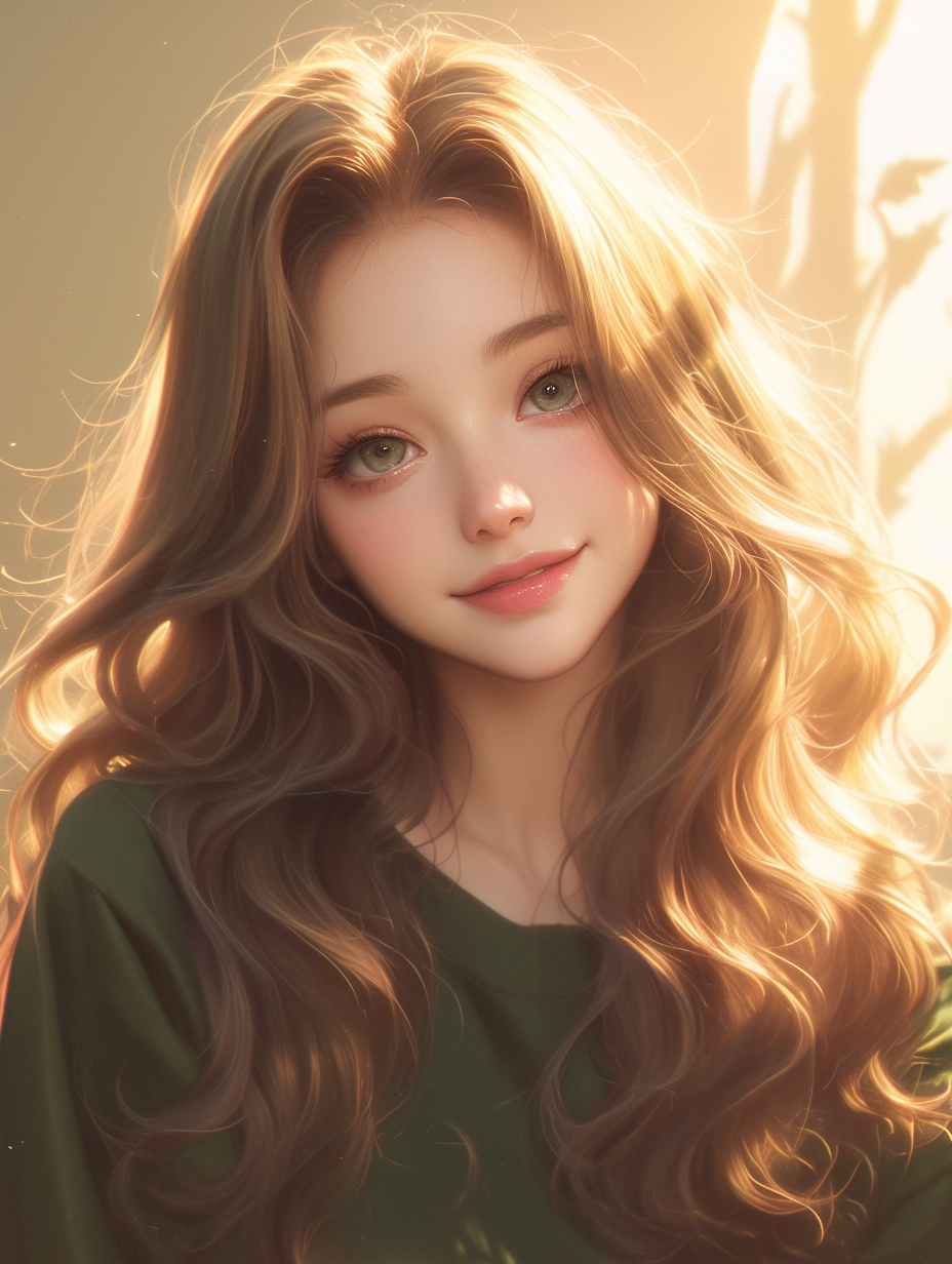 Anime-style portrait of young woman with wavy brown hair.